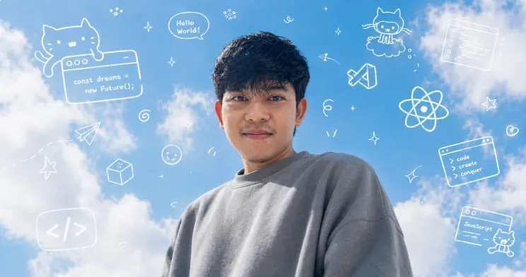 Portrait of Listiananda Apriliawan against a blue illustrated background of coding doodles
